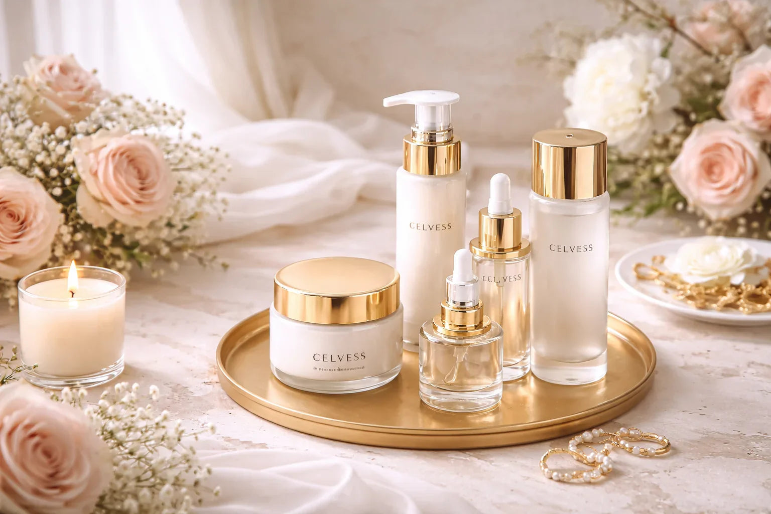 Ensemble de soins visage élégants sur plateau doré, décor floral et ambiance douce.