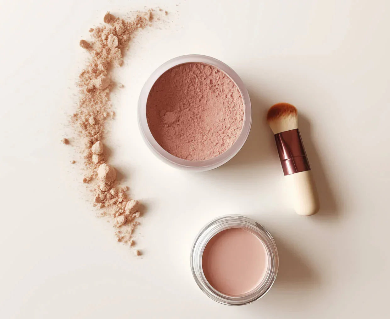 Poudre libre, fond de teint crème et pinceau maquillage sur fond neutre, produits beauté