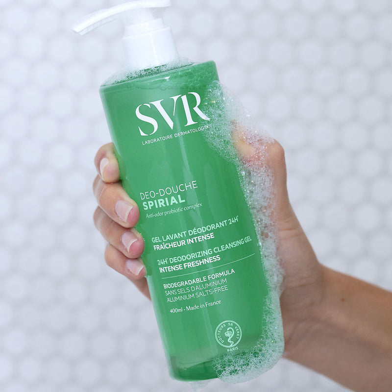 SVR Spirial Déo-douche gel lavant déodorant 24h fraîcheur intense, 400ml, pour le corps et la transpiration.