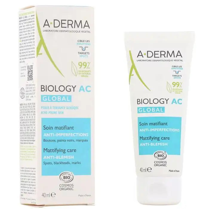 A-DERMA Biology-AC Global Soin Matifiant anti-imperfections cream in a 40ml jar, designed for oily and blemish-prone skin.