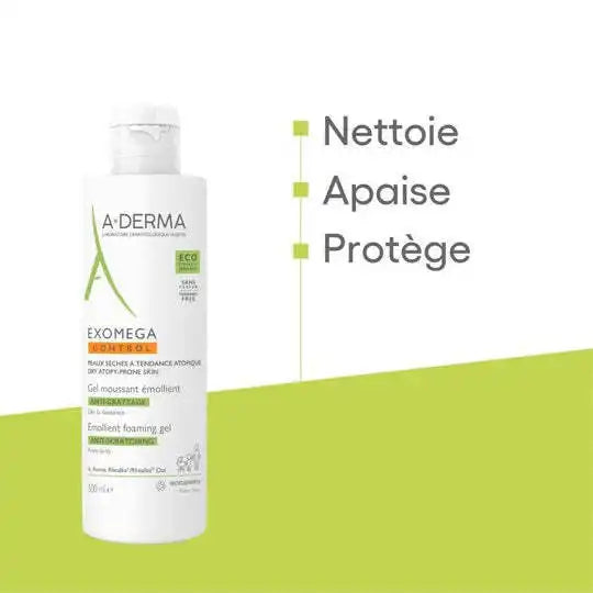 A-DERMA Exomega Control Gel Moussant Emollient anti-grattage in a 200ml bottle, gentle bath and foam cleanser for sensitive skin.