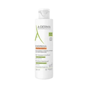 A-DERMA Exomega Control emollient foaming bath gel in a 200ml bottle, designed for soothing and anti-scratching skin care.