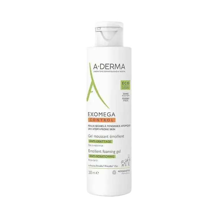 A-DERMA Exomega Control emollient foaming bath gel in a 200ml bottle, designed for soothing and anti-scratching skin care.