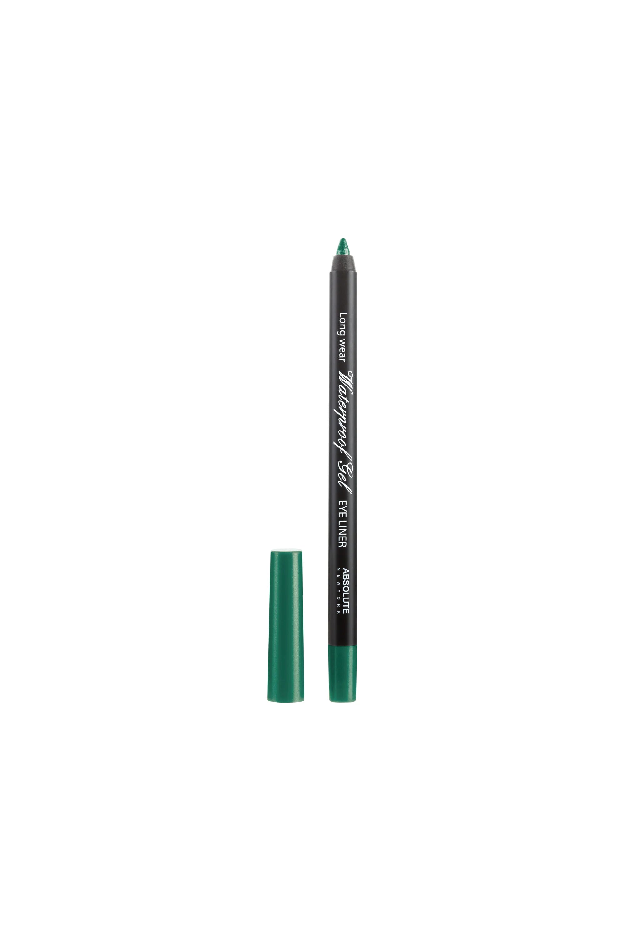 Celvess Cosmetic Absolute New York waterproof gel eye liner in teal, shown in a sleek pencil with a smooth, gel texture.