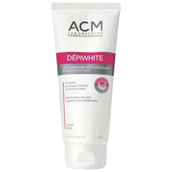 Celvess Cosmetic ACM Lait Corporel Dépiwhite brightening anti-taches lotion 200ml for skin tone evenness and hydration.
