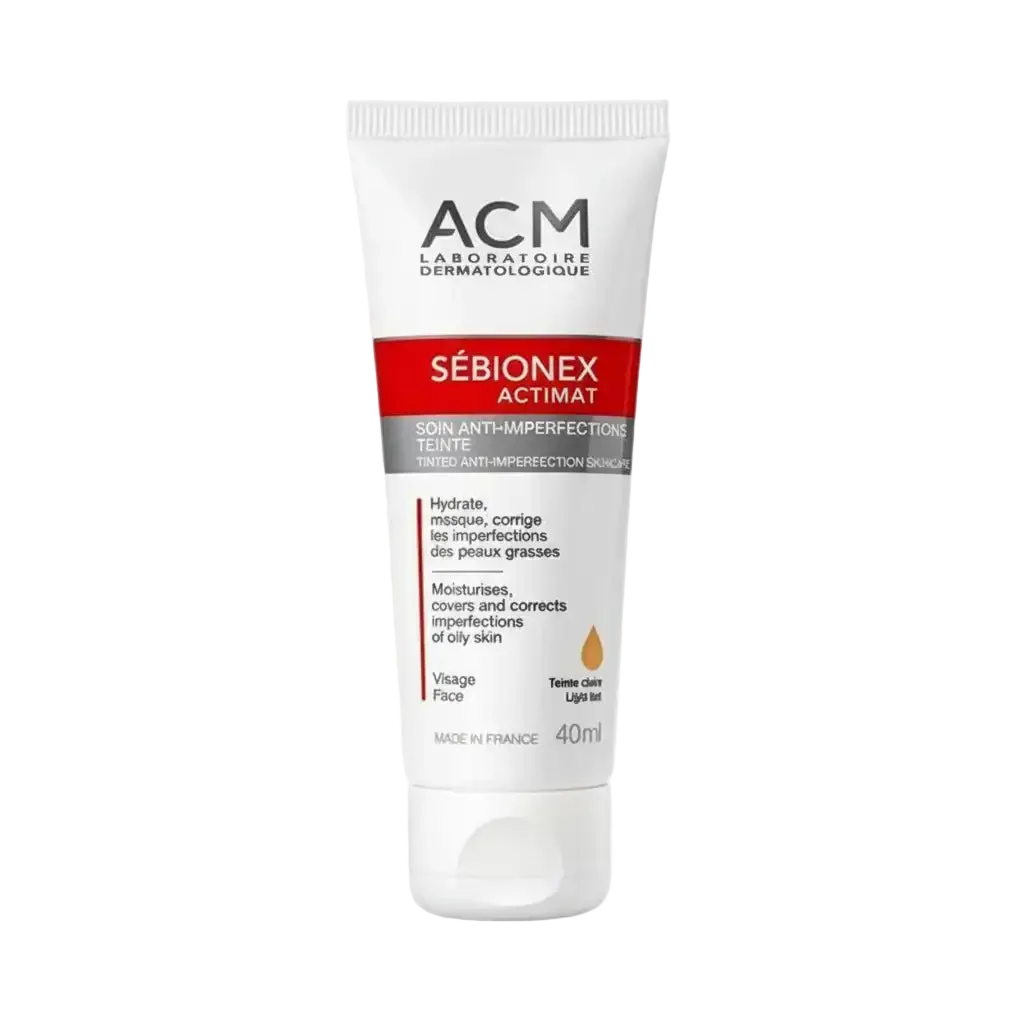 Celvess Cosmetic Sébionex Actimat anti-imperfections tinted skin care cream in 40ml jar, designed to reduce imperfections and improve complexion.