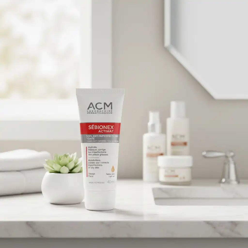 Celvess Cosmetic ACM Sébionex Actimat tinted anti-imperfections treatment in 40ml bottle, visible with lightweight, smooth texture.