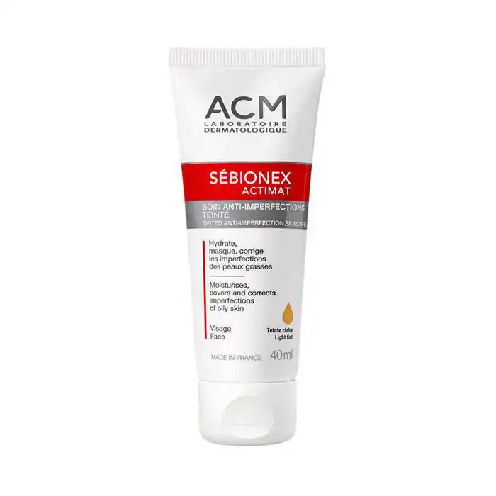 Celvess Cosmetic ACM Sébionex Actimat tinted anti-imperfections treatment in 40ml bottle, designed for blemish-prone skin.