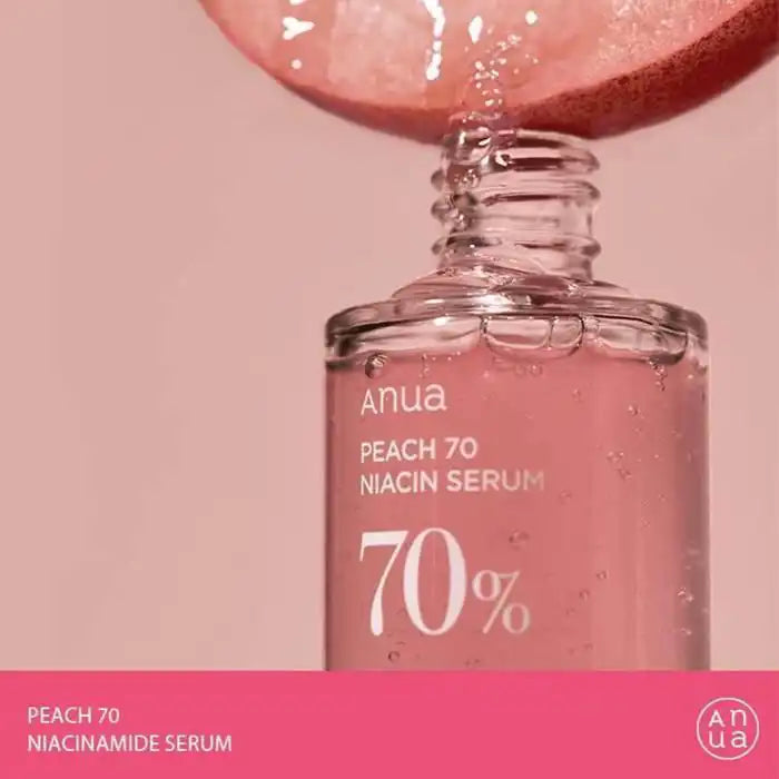 ANUA Peach 70 Niacin Serum 30ml bottle with a sleek design, featuring peach and orange accents, on a white background.