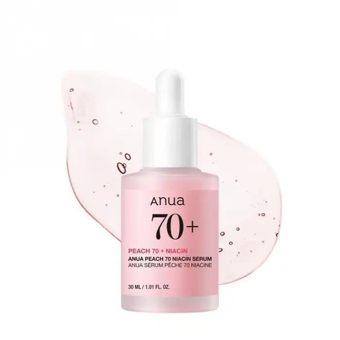 Bottle of ANUA Peach 70 Niacin Serum by Celvess Cosmetic, 30ml, with the serum's peach-colored packaging visible.