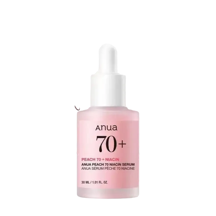 ANUA Peach 70 Niacin Serum in a 30ml bottle by Celvess Cosmetic, featuring a dropper for skincare treatment.