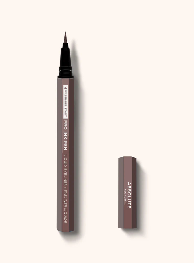 Dark brown liquid eyeliner pen from Absolute New York PRO INK by Celvess Cosmetic, featuring precise application and sleek design.