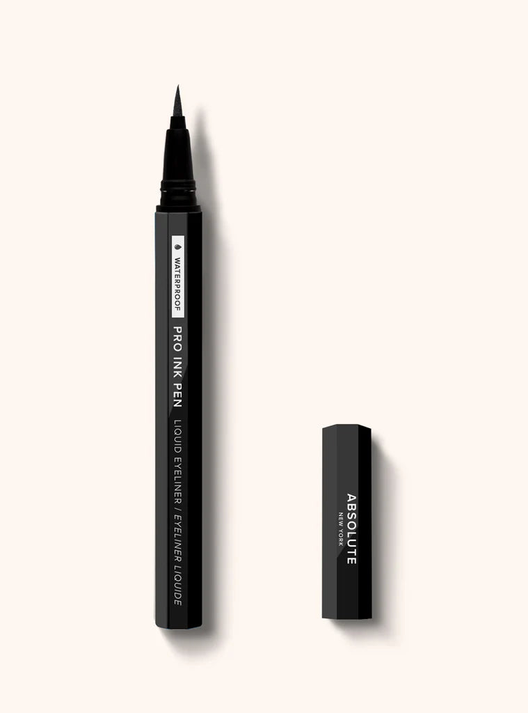 Black liquid eyeliner pen from Absolute New York PRO INK line by Celvess Cosmetic, showing the sleek pen tip and packaging.