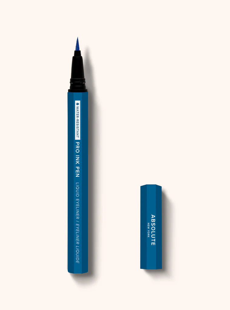 Absolute New York PRO INK liquid eyeliner pen in ocean blue, featuring a precise applicator and smooth, vibrant ink for eye definition.