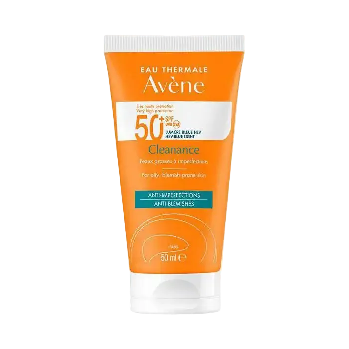 Avene Cleanance Solaire SPF50+ anti-imperfections sunscreen tube, 50ml, designed for sensitive skin and sun protection.