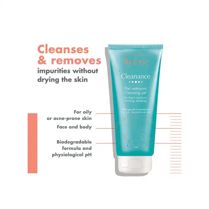 Avene Cleanance Gel Nettoyant 200ml, gentle facial and body cleanser by Celvess Cosmetic with clear gel texture.