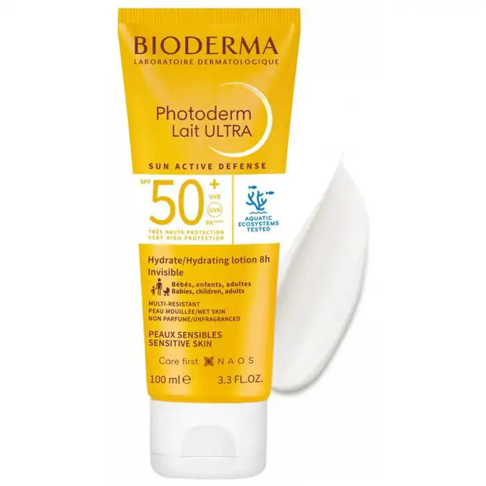Bioderma Photoderm Lait Ultra SPF50+ sunscreen lotion in 100ml bottle, for full-body sun protection by Celvess Cosmetic