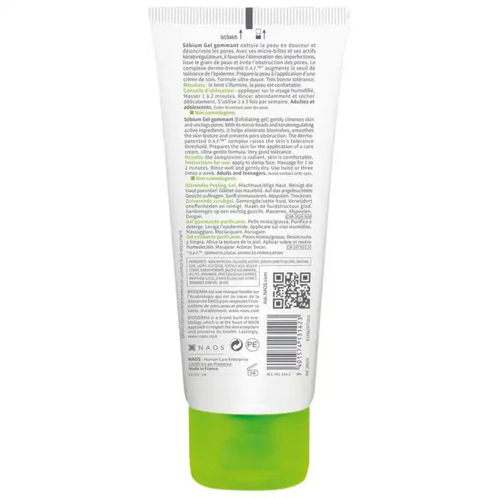 BIODERMA Sébium Gel Gommant Purifiant exfoliant in 100ml tube, gentle facial scrub for oily and acne-prone skin.