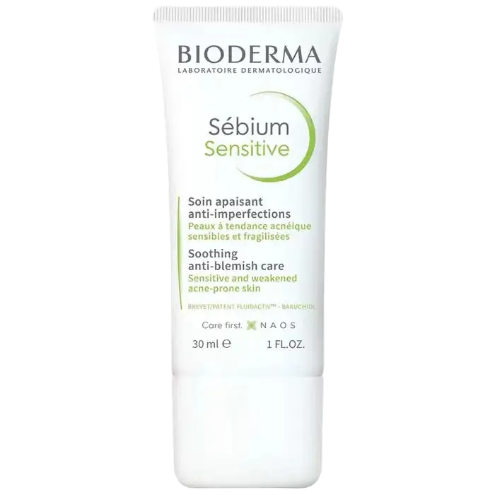 BIODERMA Sébium Sensitive anti-imperfections soothing treatment in 30ml bottle, designed for sensitive skin.