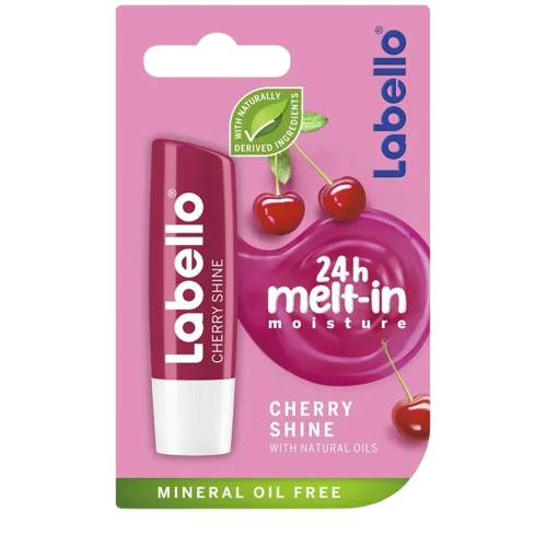 Celvess Cosmetic Labello Fruity Shine Cerise lip balm with cherry flavor and SPF 10, showing multicolored glossy packaging.