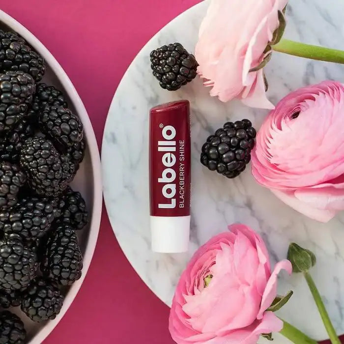Celvess Cosmetic Blackberry Shine Lip Balm by Labello, 4.8g, hydrating with long-lasting moisture and blackberry scent.