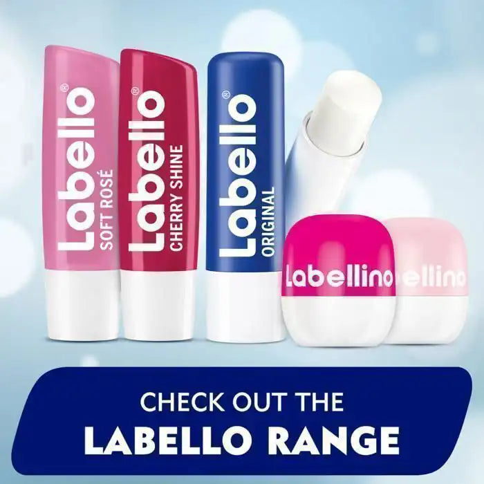 Labello Fruity Shine Fraise hydrating lip balm with SPF 10 in 4.8g, featuring a fruity strawberry flavor and smooth texture.