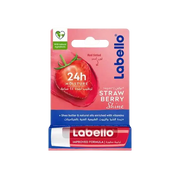 Labello Fruity Shine strawberry hydrating lip balm with SPF 10 in a 4.8g tube, from Celvess Cosmetic.