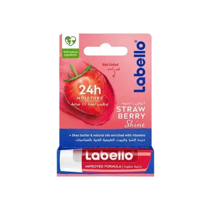 Labello Fruity Shine strawberry hydrating lip balm with SPF 10 in a 4.8g tube, from Celvess Cosmetic.