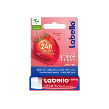 Labello Fruity Shine strawberry hydrating lip balm with SPF 10 in a 4.8g tube, from Celvess Cosmetic.