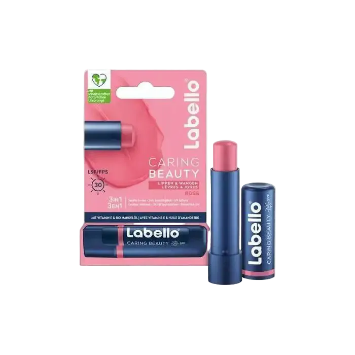 Celvess Cosmetic LABELLO Caring Beauty Rose lip balm in 4.8g tube with SPF30, featuring a moisturizing, 3-in-1 formula.