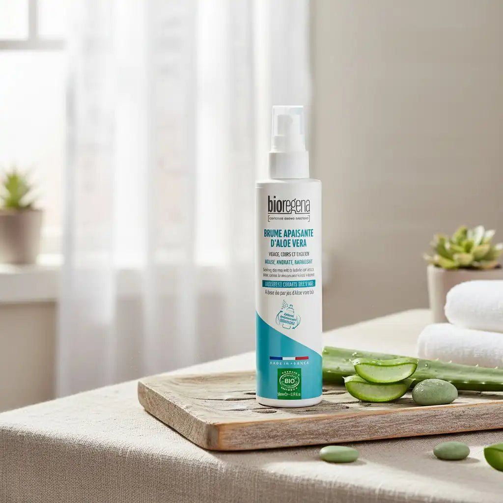 Celvess Cosmetic BioRegena Aloe Vera soothing body and hair mist in a 200ml spray bottle with aloe vera plant visible.