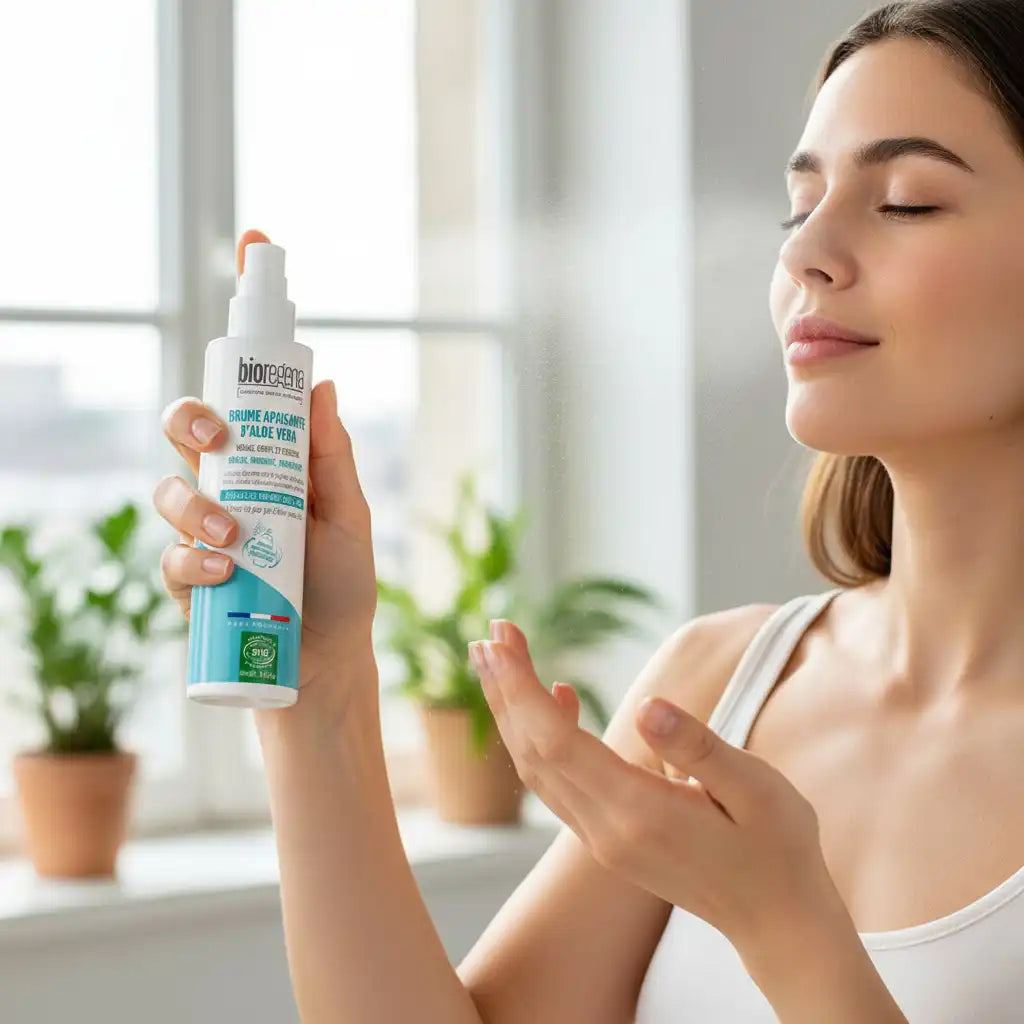 Celvess Cosmetic BioRegena Aloe Vera soothing body and hair mist in a 200ml spray bottle, with aloe vera plant visible.