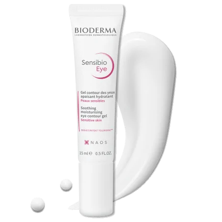 Bioderma Sensibio Eye+ anti-fatigue eye care gel in 15ml tube, designed to reduce puffiness and refresh sensitive eyes.