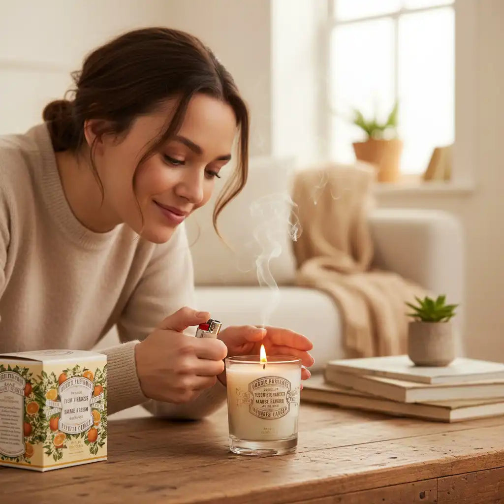 Scented candle by Celvess Cosmetic with floral fragrance, in a simple glass holder, ideal for creating a cozy ambiance.