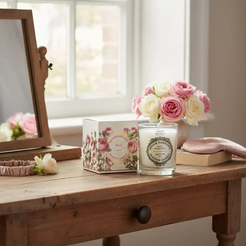 Rose-scented scented candle by Celvess Cosmetic in a stylish glass holder, perfect for creating a warm, aromatic atmosphere.