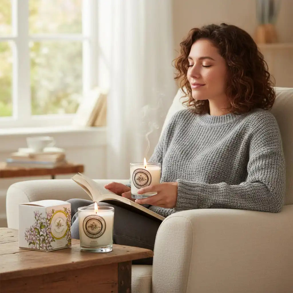 Scented candle by Celvess Cosmetic, Panier des Sens, with a clean, elegant glass container and a soothing herbal fragrance.