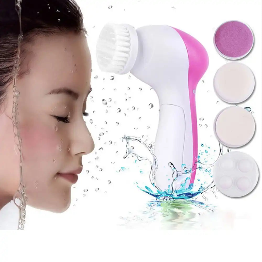 Electric 5-in-1 facial cleansing brush by Celvess Cosmetic, showing the multi-head design for deep skin cleansing.
