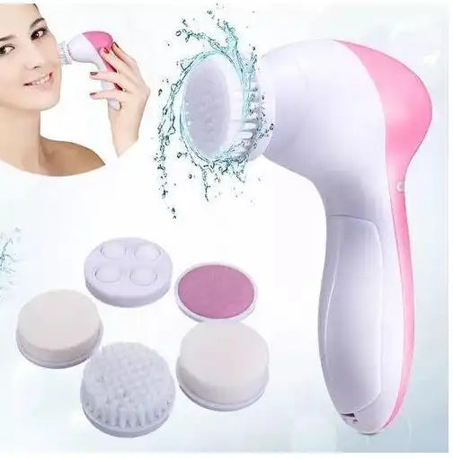 Electric 5-in-1 facial cleansing brush by Celvess Cosmetic showing textured brush heads for deep skin cleaning and exfoliation.