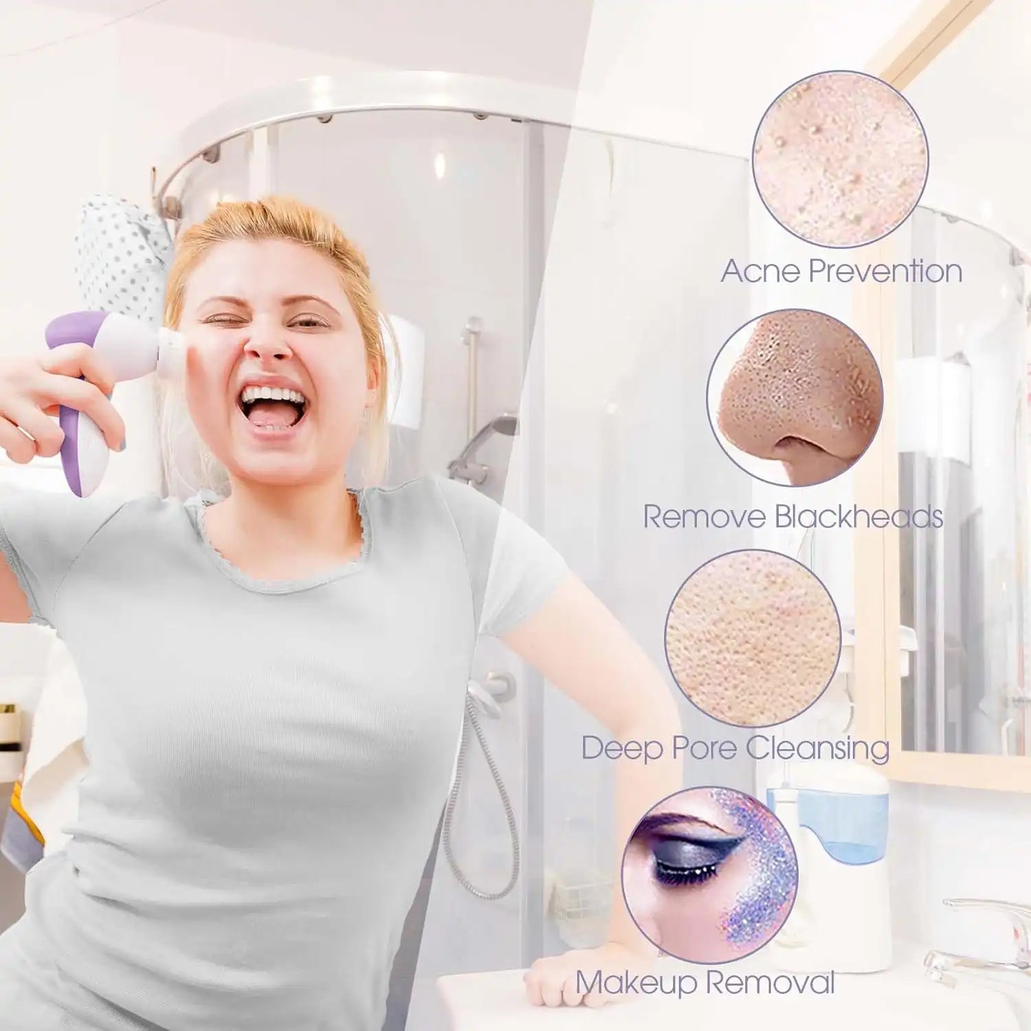 Electric 5-in-1 facial cleansing brush by Celvess Cosmetic, showing the versatile head attachments for deep skin cleansing.