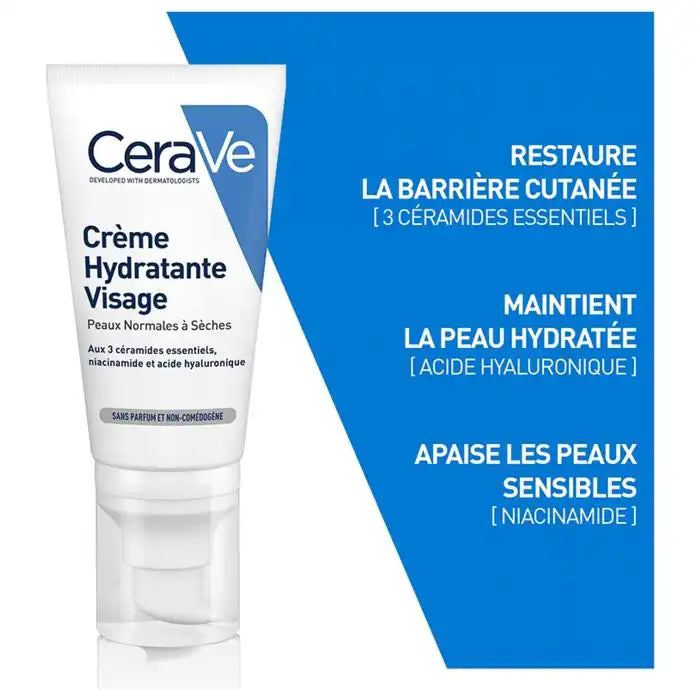 CERAVE face moisturizer cream for normal to dry skin with SPF50, 52ml, in a white tube with a blue cap.