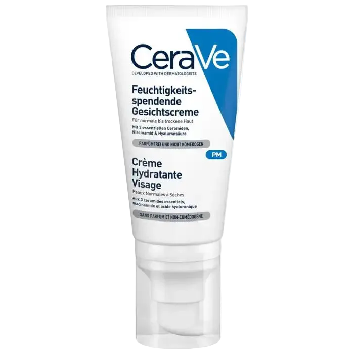 Cerave hydrating face cream for normal to dry skin with SPF50 in a 52ml tube, designed for daily facial moisture.