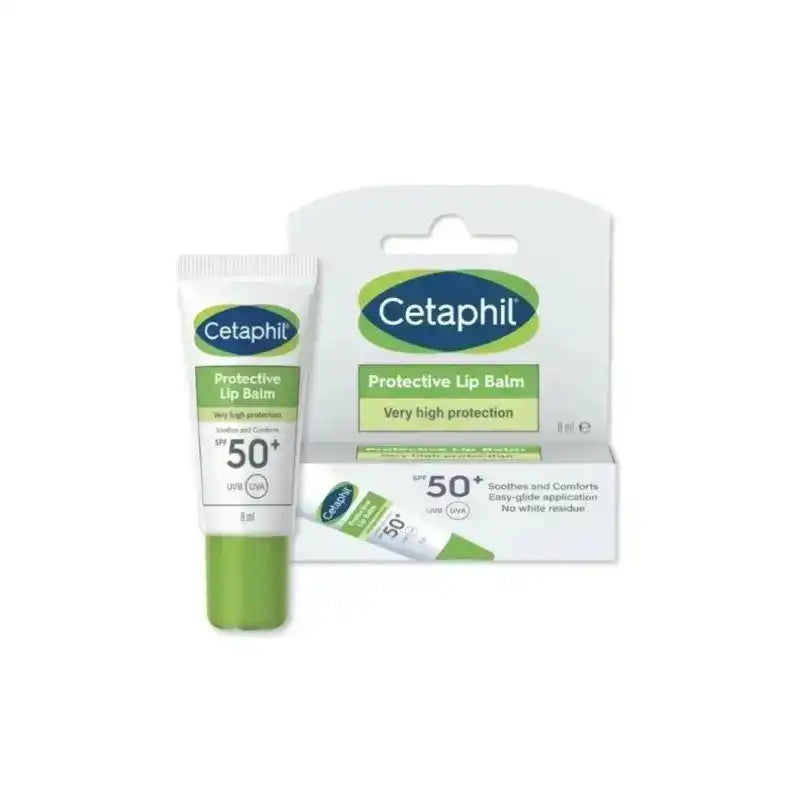 CETAPHIL lip balm with SPF 50+ in an 8ml tube, providing protective moisturizing care for lips by Celvess Cosmetic.