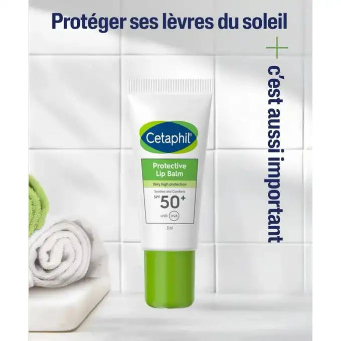 CETAPHIL lip balm in 8ml tube, protecting with SPF50+, suitable for soothing and moisturizing lips, by Celvess Cosmetic.
