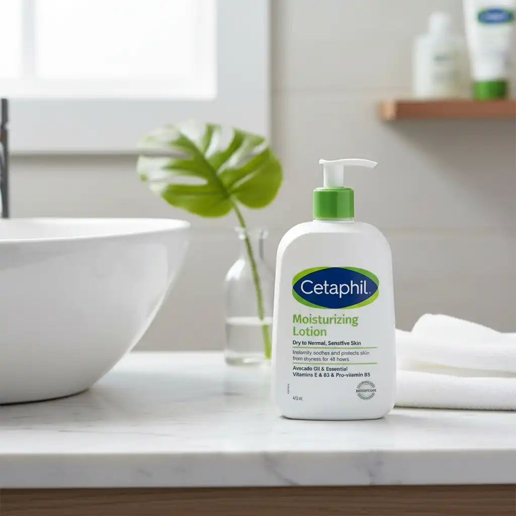 CETAPHIL hydrating lotion in 473ml bottle, moisturizing skin care oil from Celvess Cosmetic, with a pump dispenser.