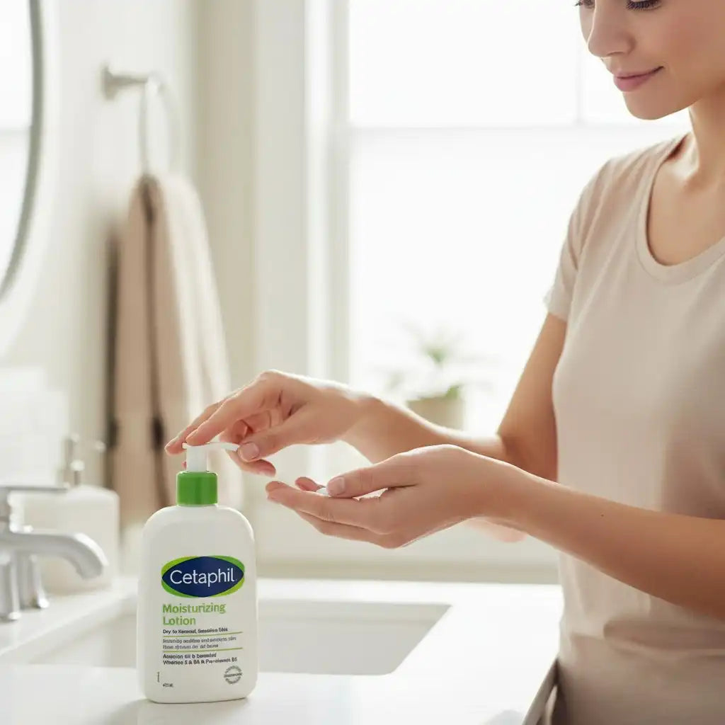 CETAPHIL hydrating lotion in a 473ml bottle, part of Celvess Cosmetic's skin care oils collection, showing the lotion's bottle.