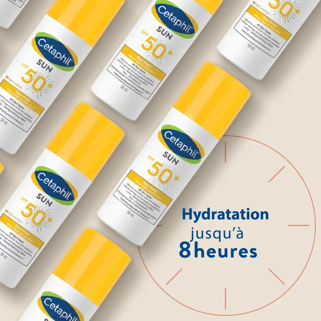 Hydrating tinted face fluid with SPF 50+ from Cetaphil, in a 50ml bottle, providing sun protection and a natural glow.