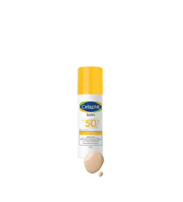 CETAPHIL Sun Face Fluide Teinté SPF50+ in 50ml, tinted hydrating face fluid with broad-spectrum sun protection.