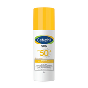 Hydrating tinted face fluid by Cetaphil with SPF 50+ in 50ml bottle, providing sun protection and a subtle glow.