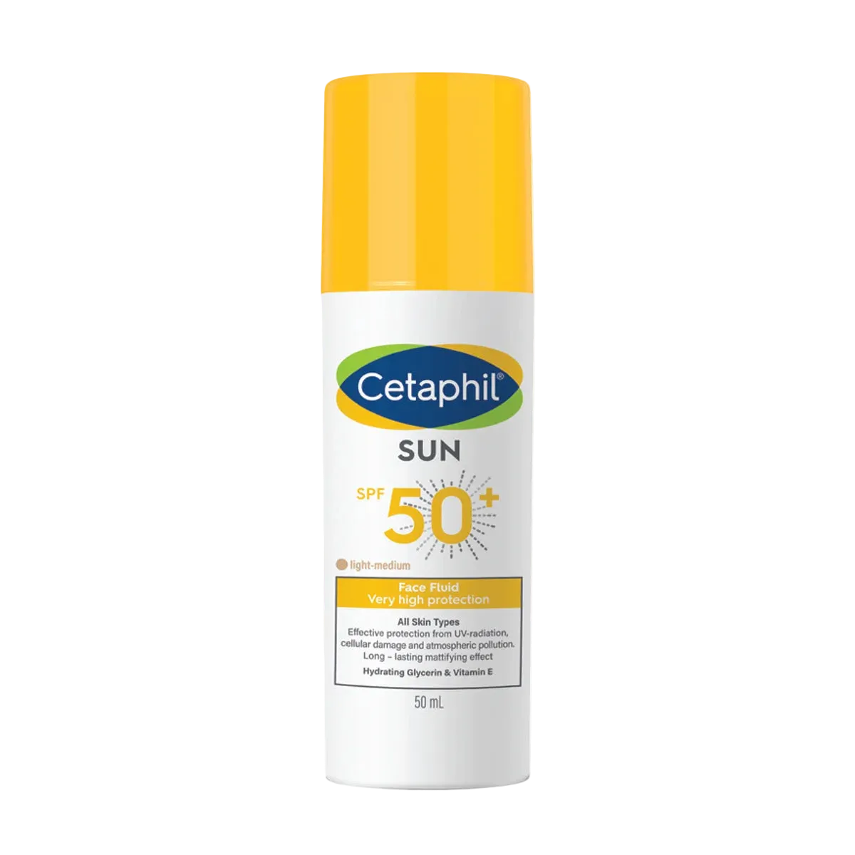 Hydrating tinted face fluid by Cetaphil with SPF 50+ in 50ml bottle, providing sun protection and a subtle glow.