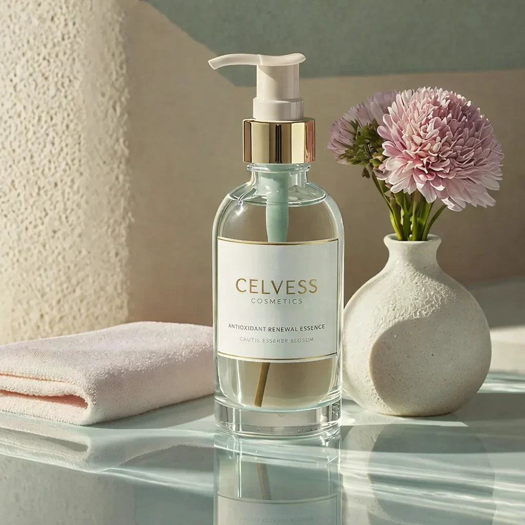 Flacon de sérum cosmétique sur une table, vase blanc avec fleurs roses et serviette douce à côté.